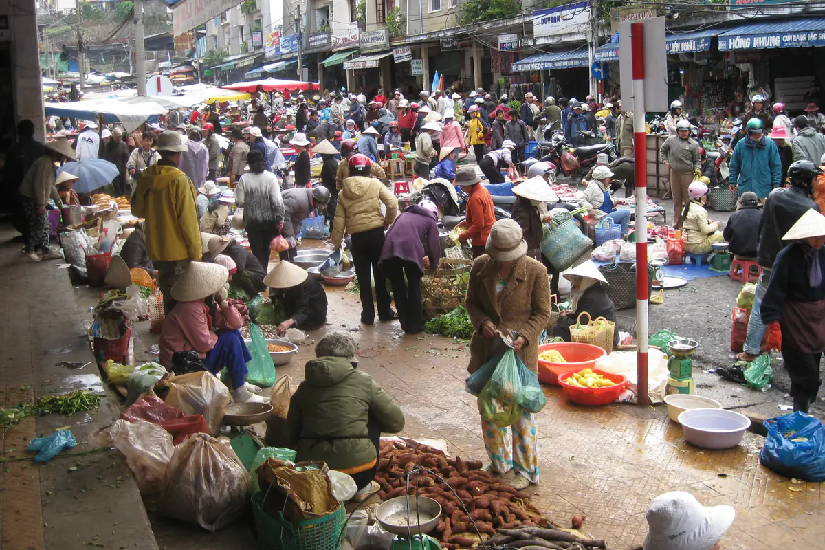 Buổi sáng ở chợ Đà Lạt, người bán bày khoai lang, rau củ và trái cây ngay trên lối đi
