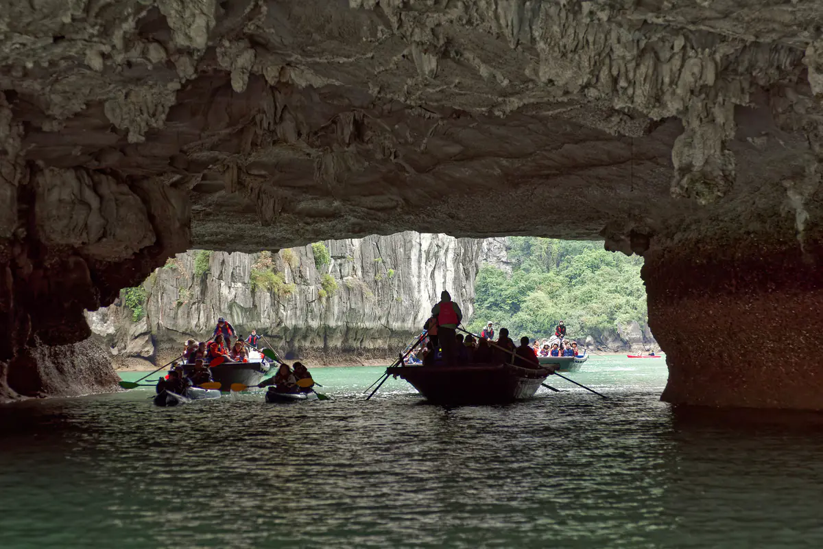 Nhìn từ trong vòm hang Luồn ra ngoài, thuyền chèo tay chở du khách mặc áo phao với người lái đứng chèo ở đuôi, mấy chiếc kayak đi bên cạnh và nhiều thuyền khác phía sau, vách đá vôi và cây xanh bao quanh, nhiều người mặc áo khoác có mũ trùm, chiều tháng 1/2024