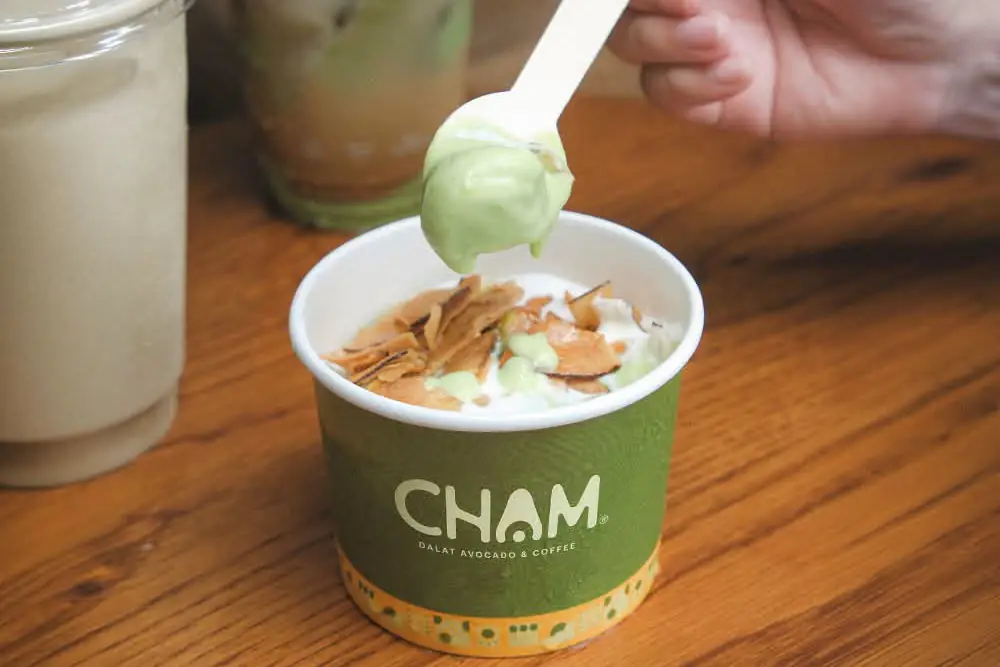 CHAM Dalat Avocado & Coffee 로고가 찍힌 종이컵에 담긴 짬의 아보카도 아이스크림. 사진: Chạm - Cafe & Kem Bơ Đà Lạt 페이스북 페이지