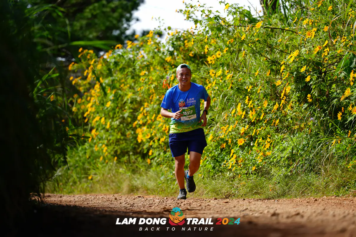 A runner in a blue shirt and race bib on a red dirt trail lined with wild sunflowers, with the Lam Dong Trail 2024 mark at the bottom