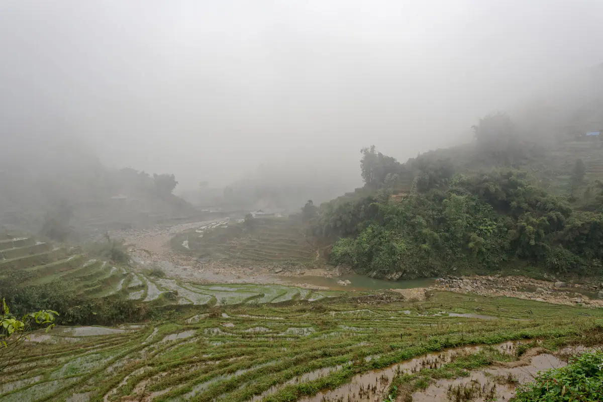 Sương mù dày phủ kín thung lũng Lao Chải ở Sa Pa, những thửa ruộng bậc thang để trống sau vụ gặt và lòng suối đá mờ dần trong màn sương, tháng 1/2024