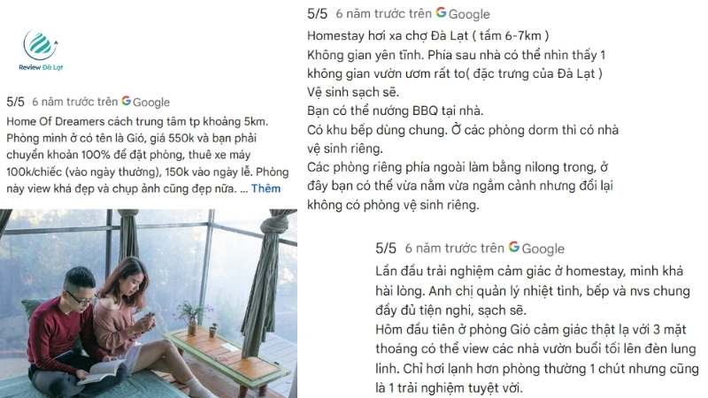 Một số đánh giá tích cực của du khách đã từng trải nghiệm dịch vụ của Home of Dreamers