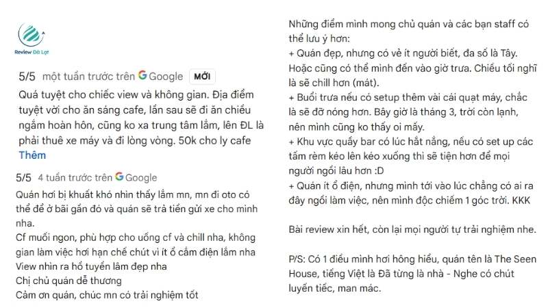 Một số đánh giá chất lượng của du khách đã từng trải nghiệm dịch vụ của The Seen House