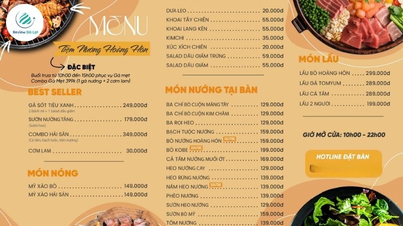 Khám phá thực đơn và mức giá tại Tiệm Nướng Hoàng Hôn